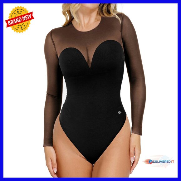 Long Sleeve Mesh Shapewear Bodysuit Tummy Control Corset Top